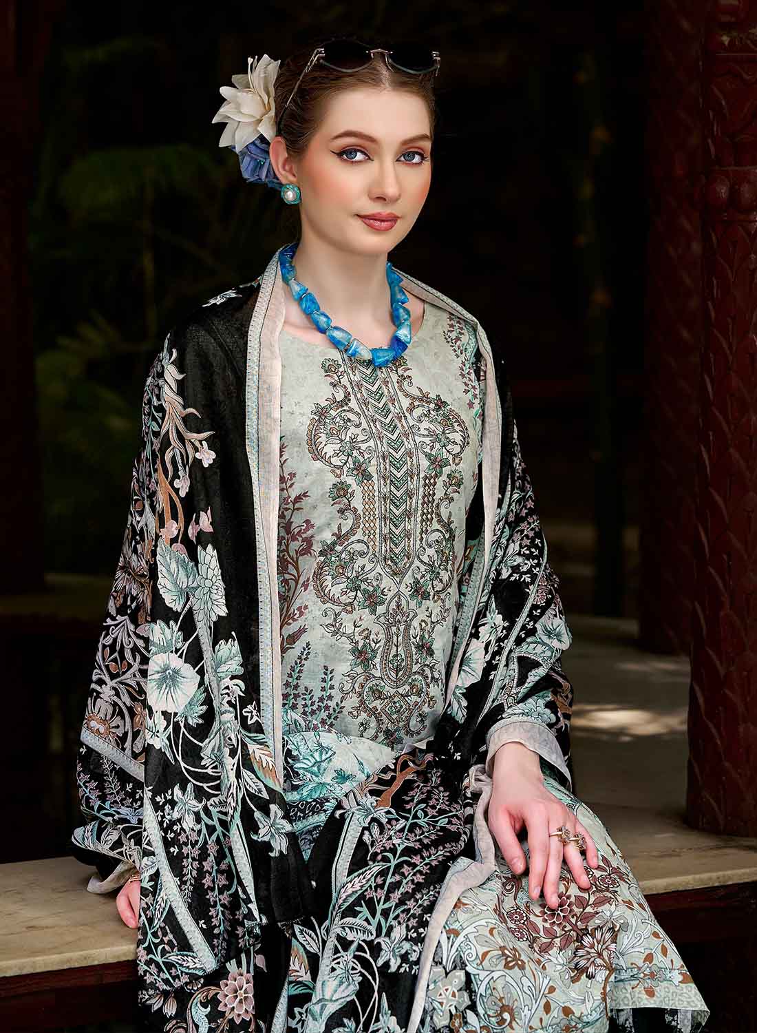 Pakistani Pure Cotton Unstitched Suit Material with Embroidery Grey