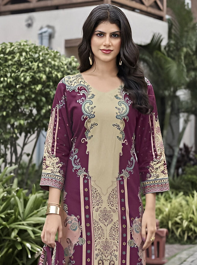 Maroon Pashmina Unstitched Winter Salwar Suit Material with Muslin Dupatta