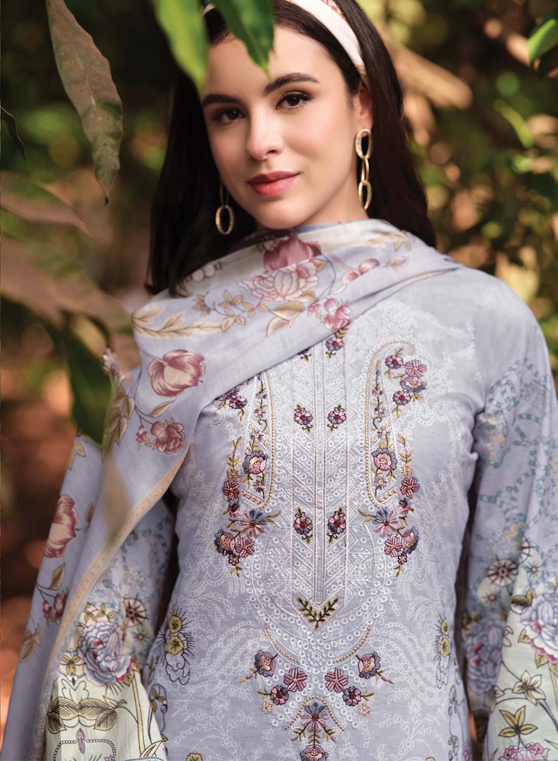 Pure Cotton Pakistani Print Grey Unstitched Suit Material with Embroidery