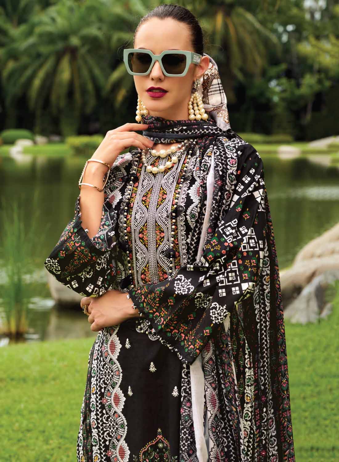 Black Pakistani Print Unstitched Pure Cotton Suit Material with Embroidery