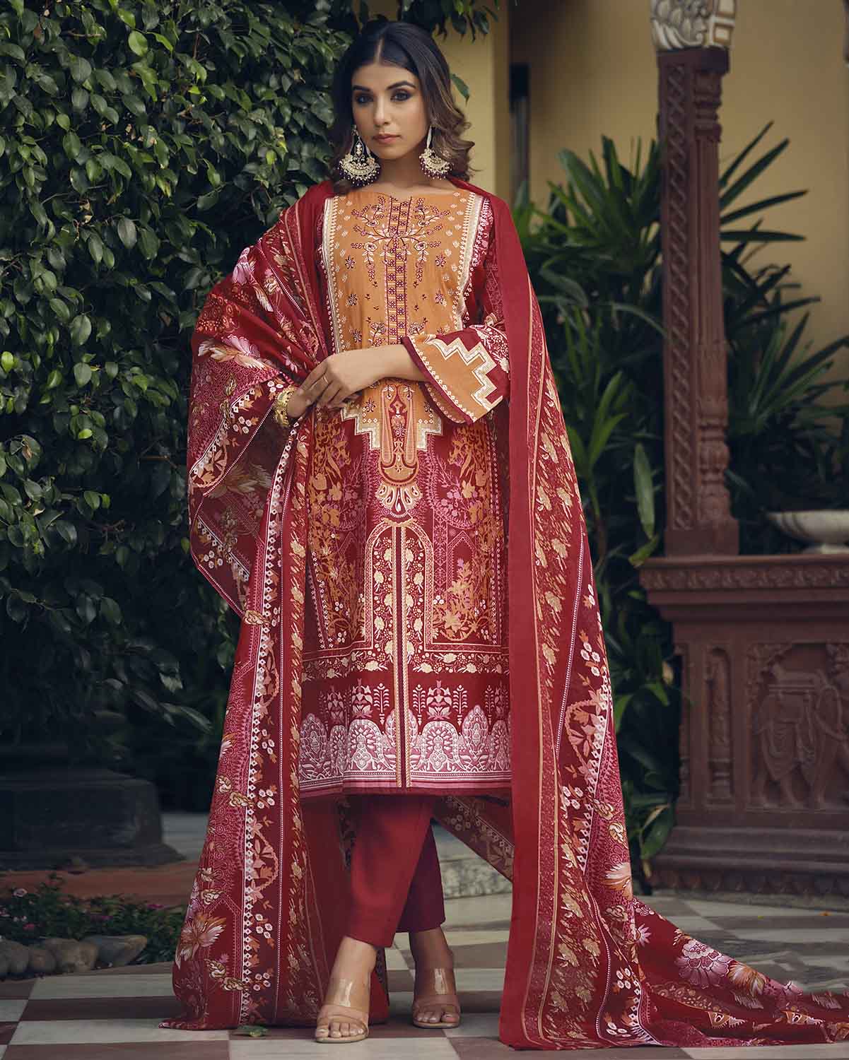 Belliza Pakistani Print Unstitched Cotton Suits with Dupatta Red Belliza