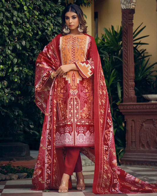 Belliza Pakistani Print Unstitched Cotton Suits with Dupatta Red Belliza