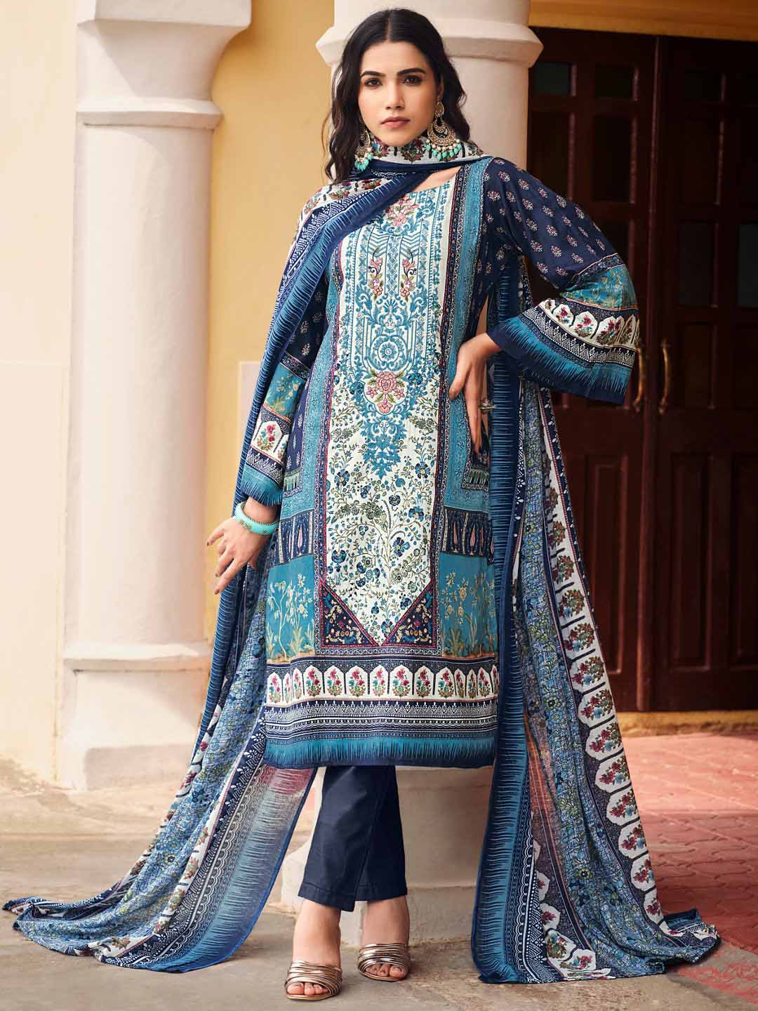 Belliza Pakistani Print Blue Unstitched Women Cotton Suit Material