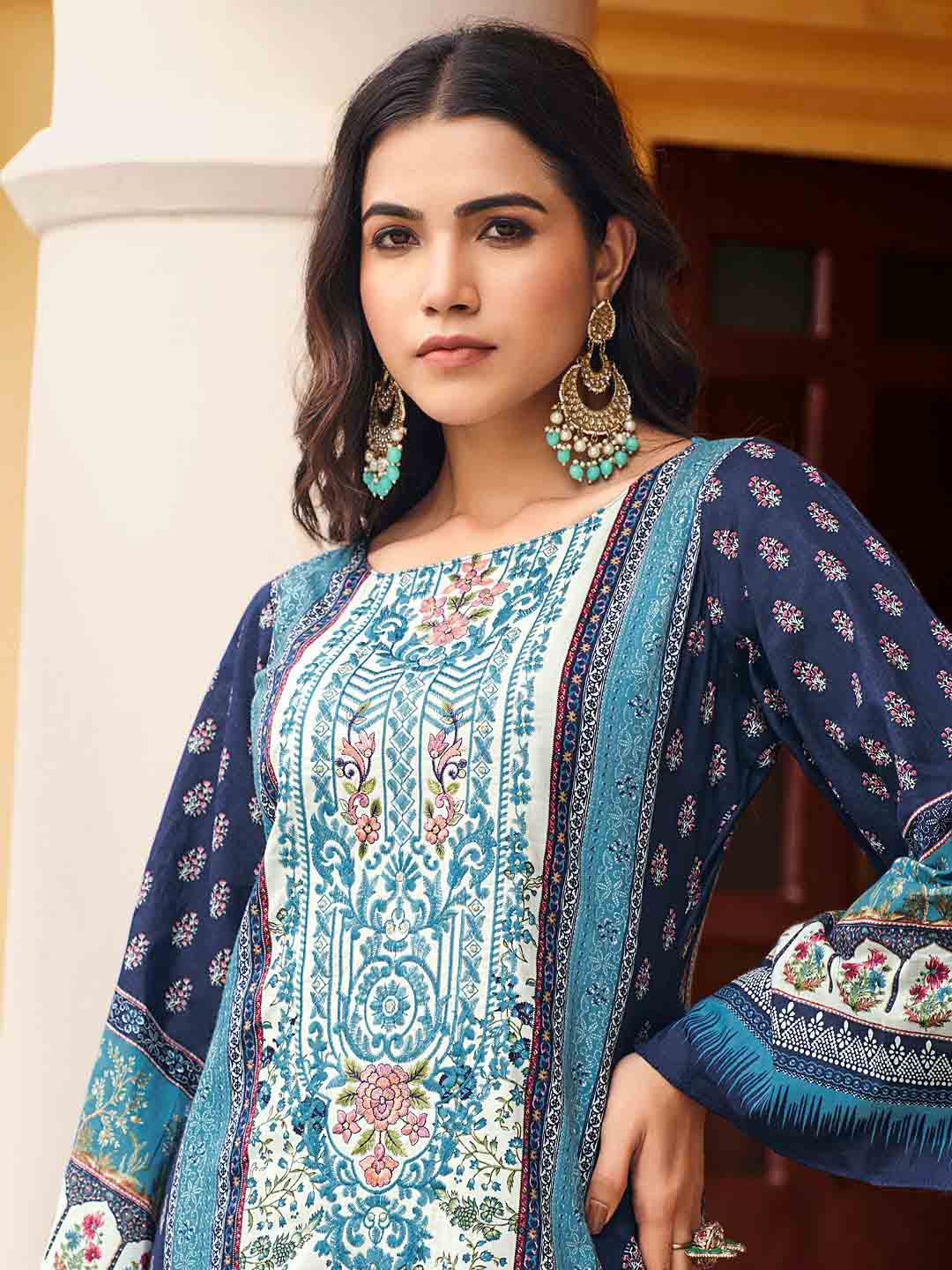 Belliza Pakistani Print Blue Unstitched Women Cotton Suit Material
