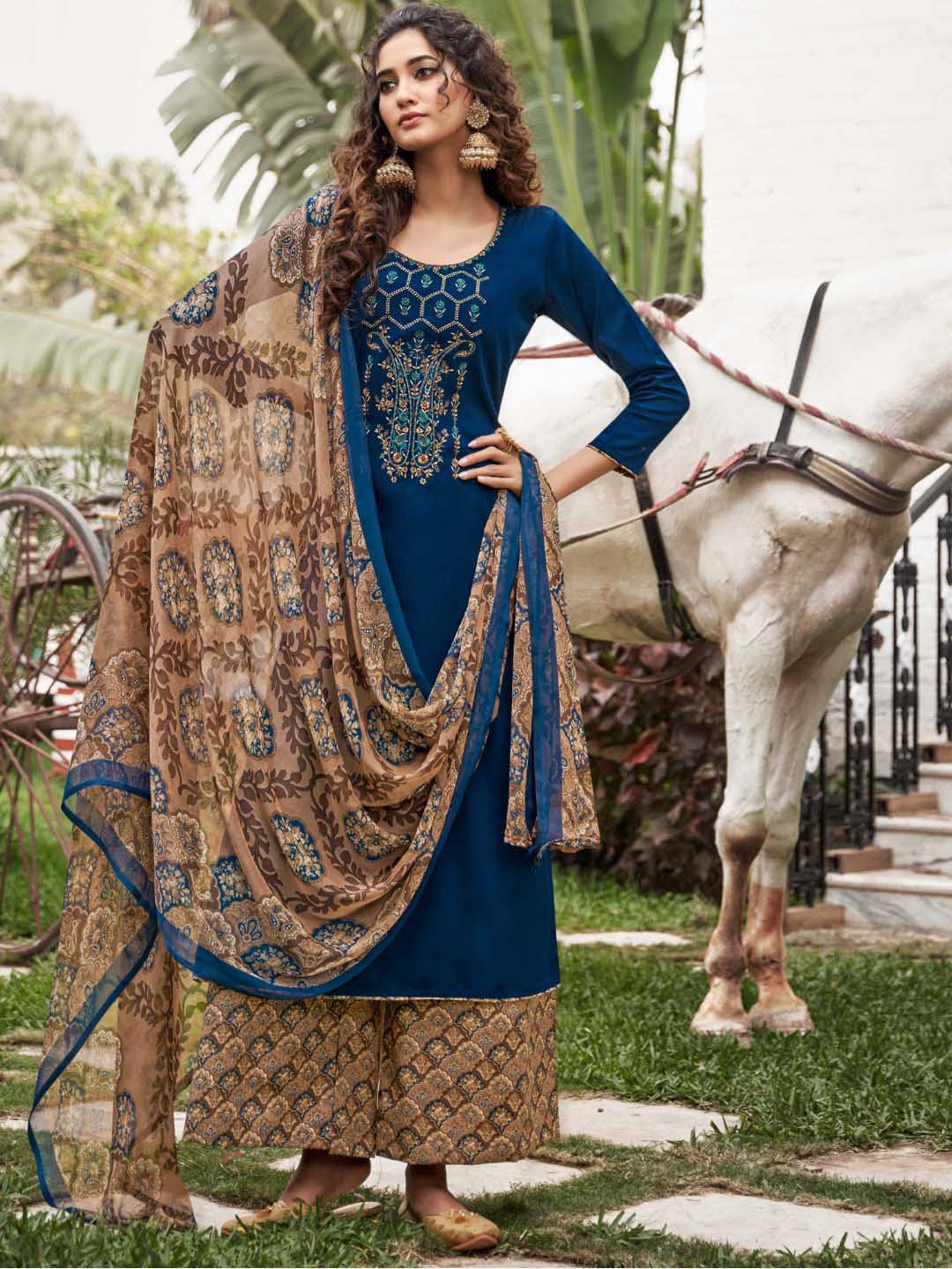 Unstitched Cotton Salwar Suit Blue Dress Material with Embroidery Stilento Unstitched Cotton Salwar Suit Blue Dress Material with Embroidery Stilento