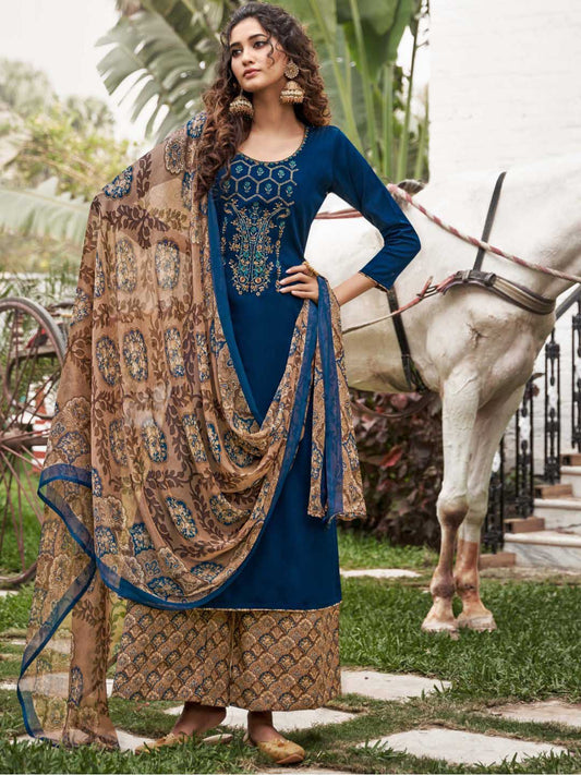 Unstitched Cotton Salwar Suit Blue Dress Material with Embroidery Zulfat