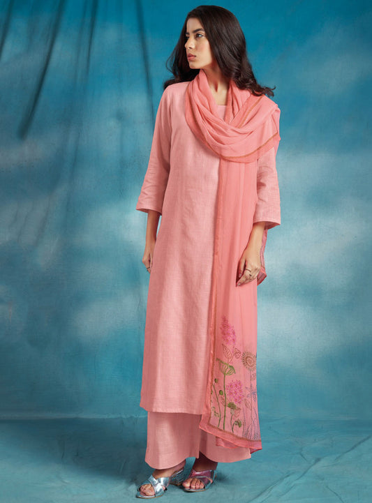 Ganga Pink Pure Cotton Linen Unstitched Suit Material for Women