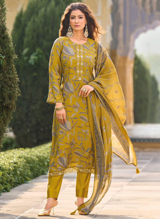 Fancy Handwork Mustard Pure Muslin Unstitched Suit Material for Women