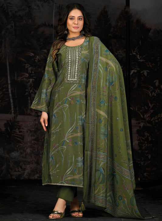 Fancy Handwork Green Pure Muslin Unstitched Suit Material for Women
