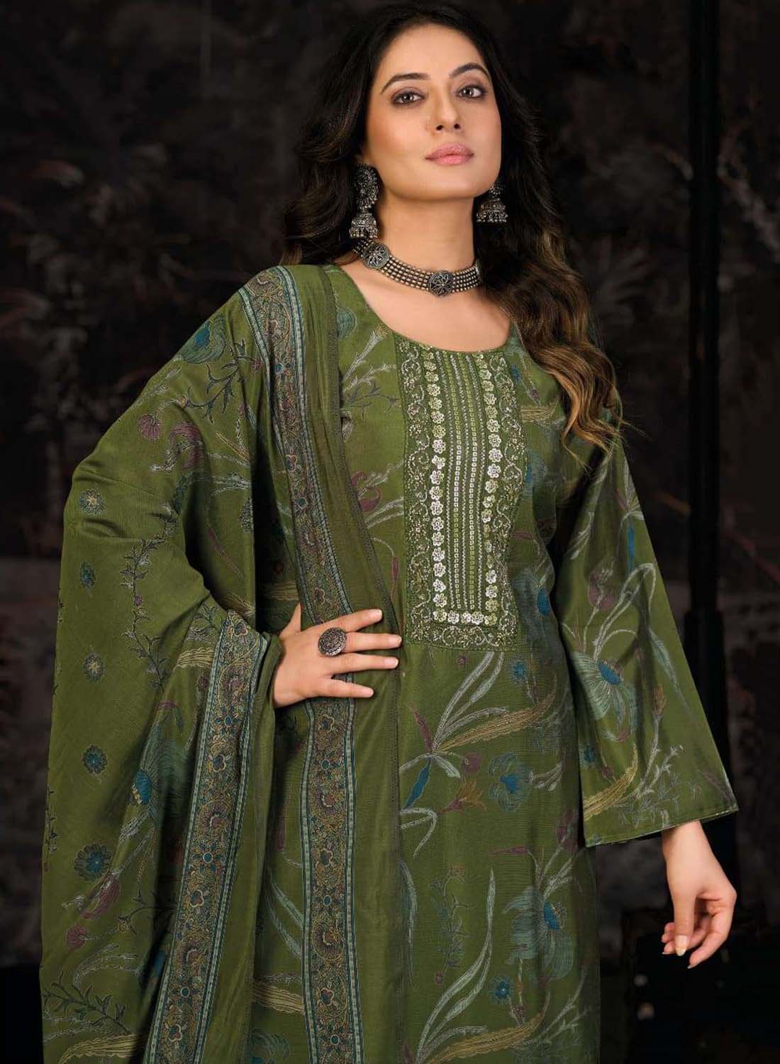 Fancy Handwork Green Pure Muslin Unstitched Suit Material for Women