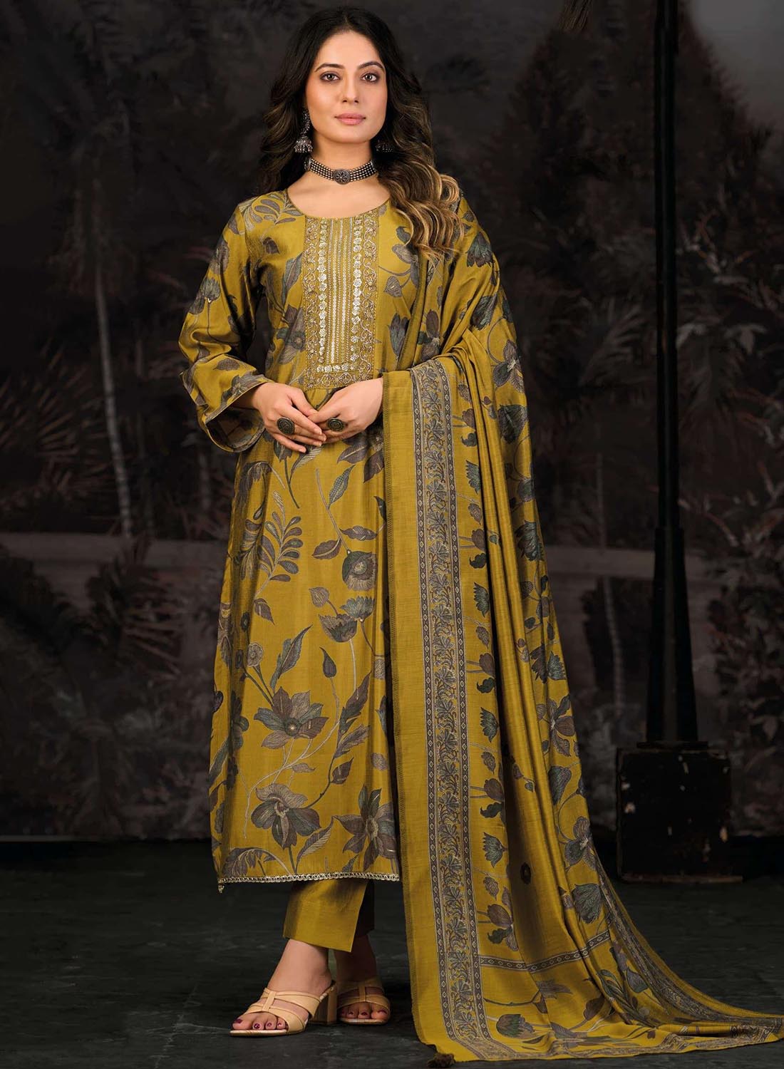 Party Wear Mustard Pure Muslin Unstitched Suit Material for Women