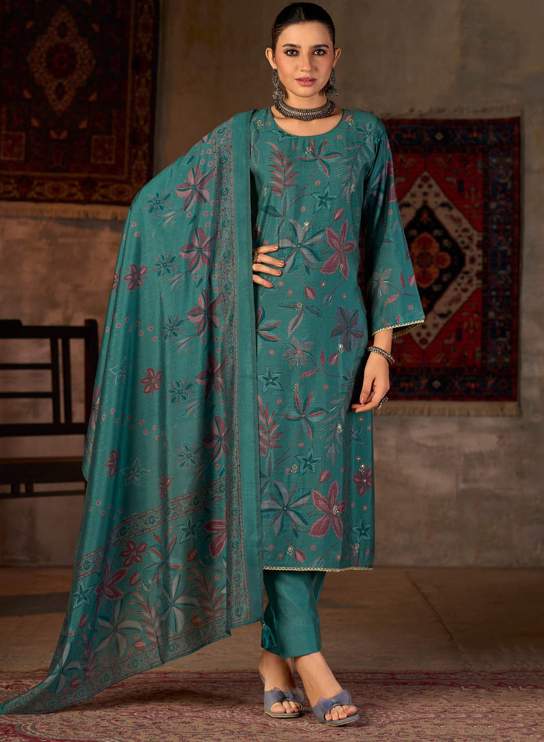 Party Wear Fancy Muslin Silk Unstitched Salwar Suit Material for Women