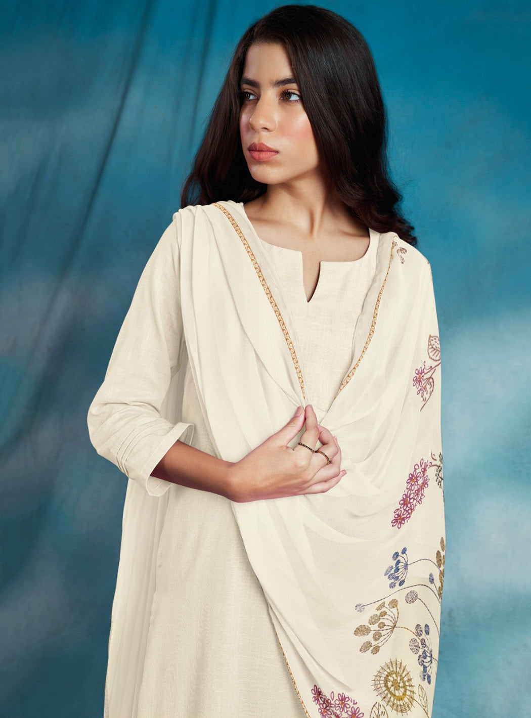 Ganga Off-White Pure Cotton Linen Unstitched Suit Material for Women