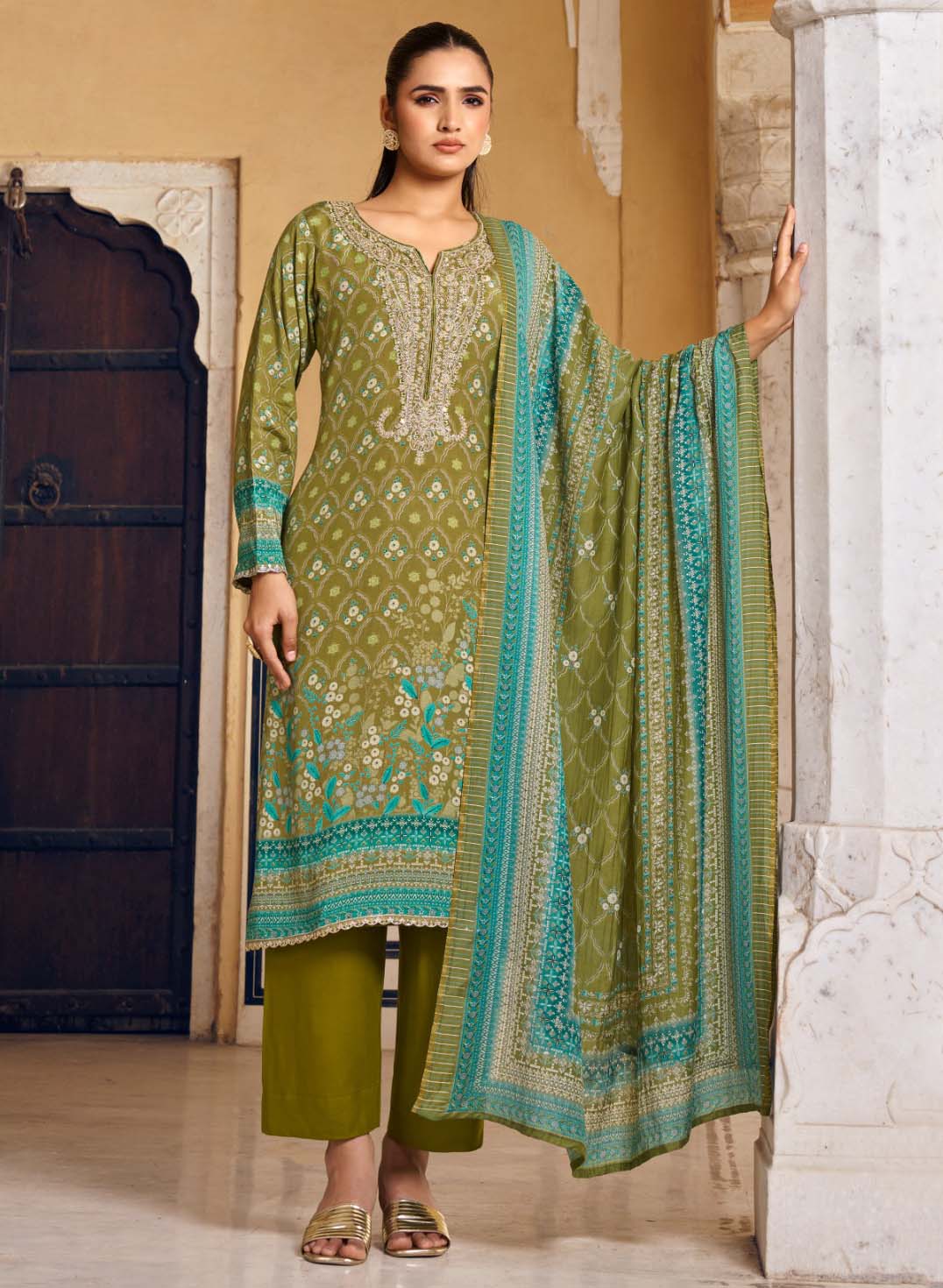 Party Wear Pure Muslin Green Unstitched Salwar Suit Dress Material