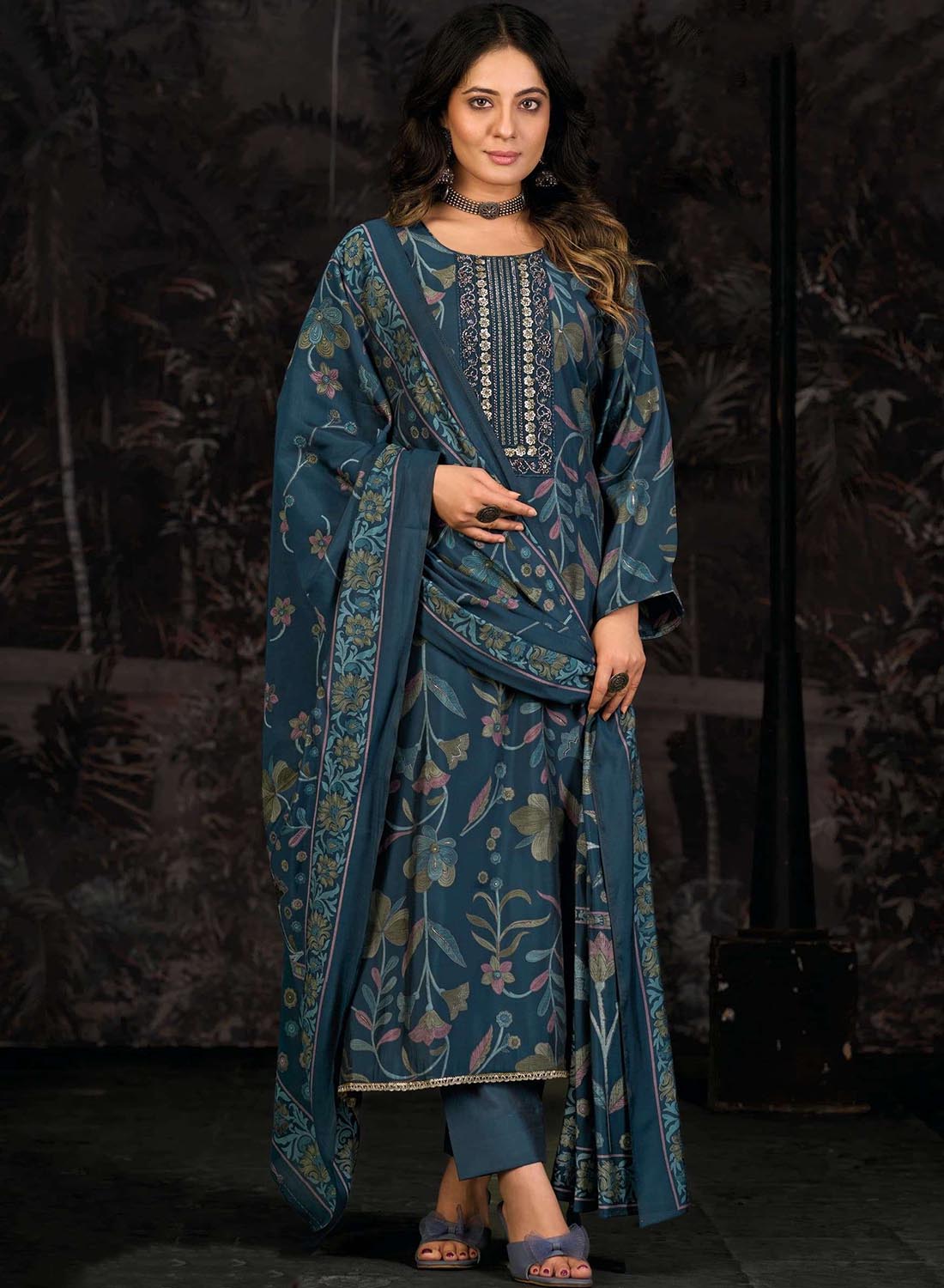 Fancy Handwork Blue Pure Muslin Unstitched Suit Material for Women