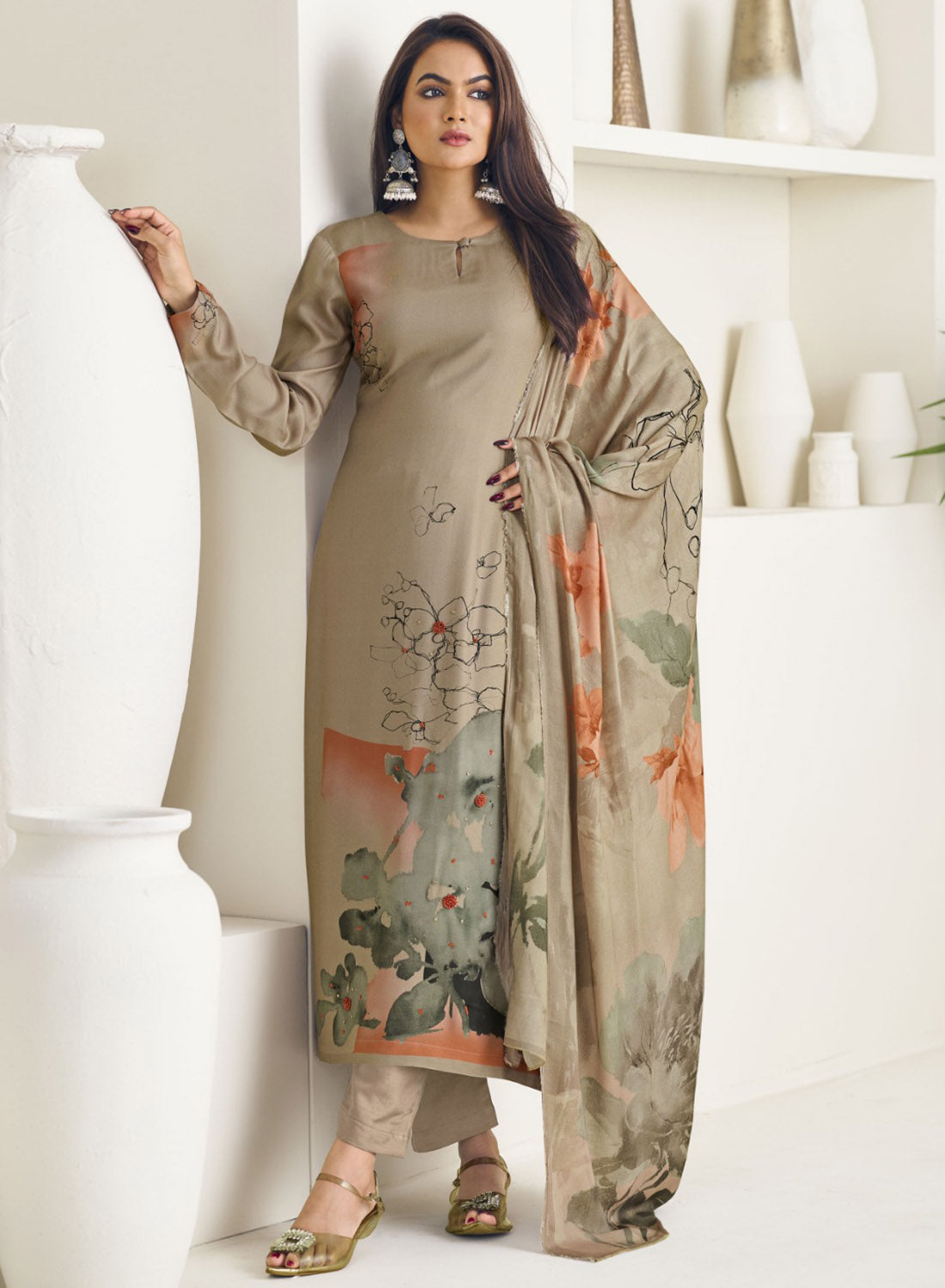 Women's Brown Unstitched Cotton Salwar Suit Dress Material