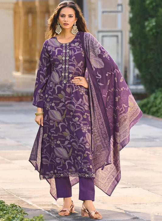 Fancy Handwork Pure Muslin Purple Unstitched Suit Material for Women