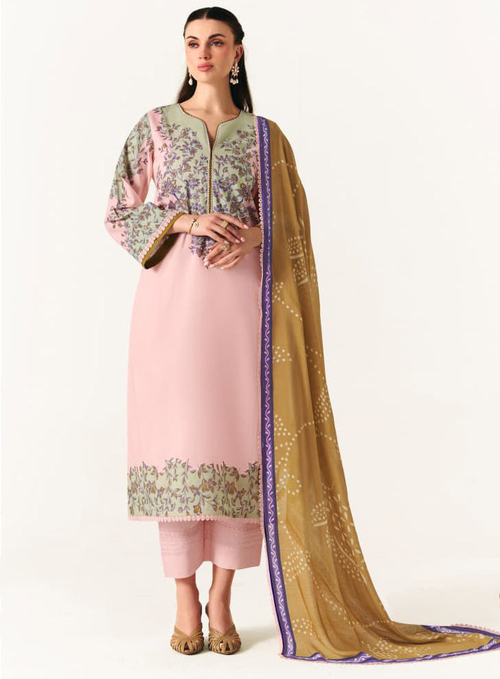 Pakistani Lawn Cotton Pink Unstitched Suit Material with Muslin Dupatta
