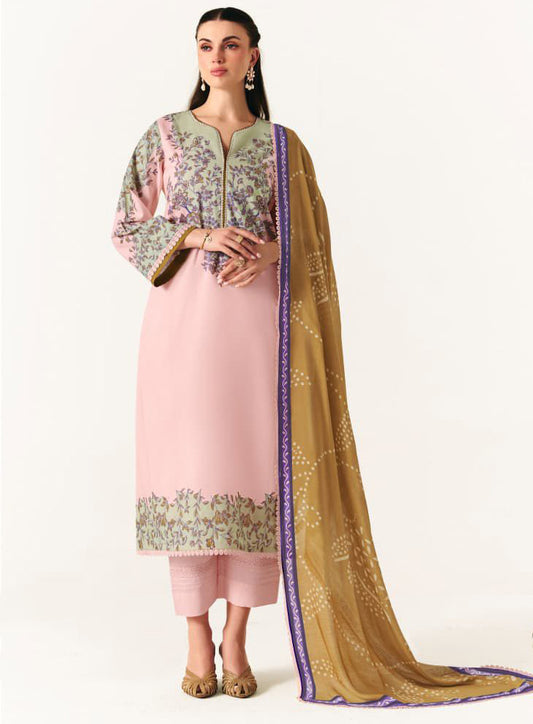 Pakistani Lawn Cotton Pink Unstitched Suit Material with Muslin Dupatta