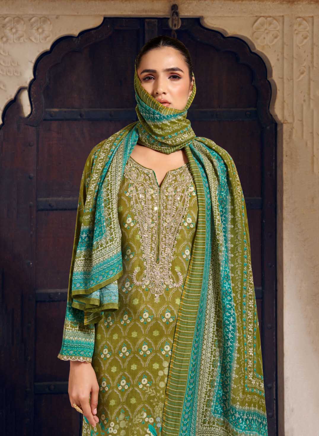 Party Wear Pure Muslin Green Unstitched Salwar Suit Dress Material