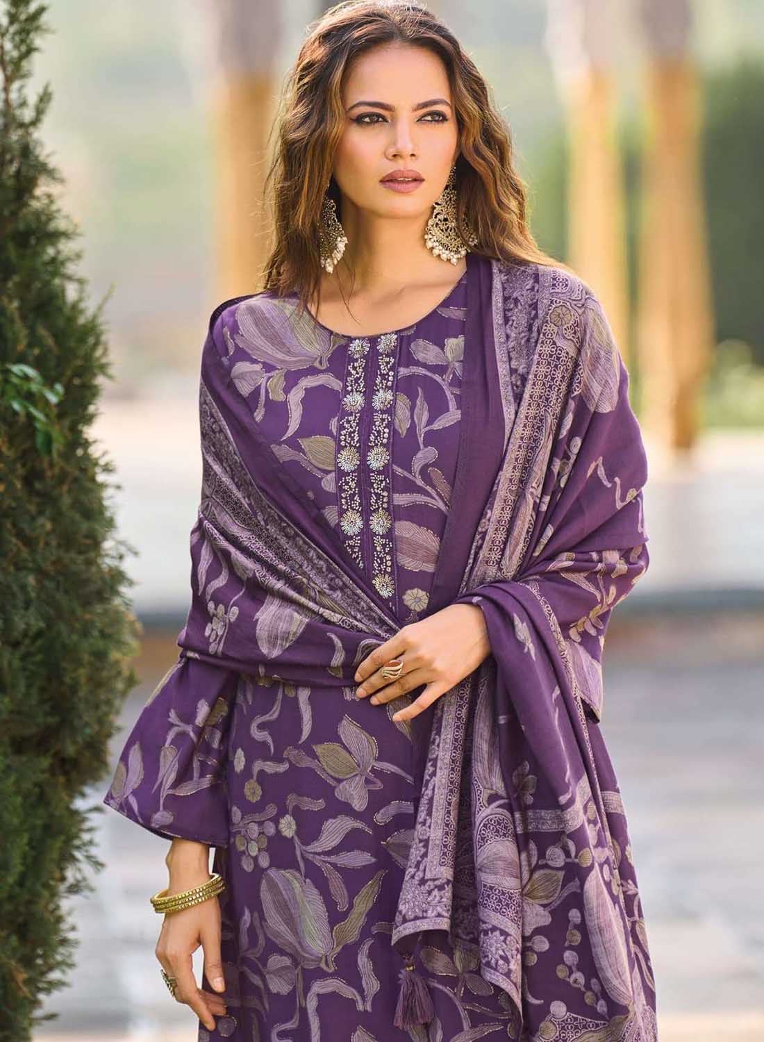 Fancy Handwork Pure Muslin Purple Unstitched Suit Material for Women
