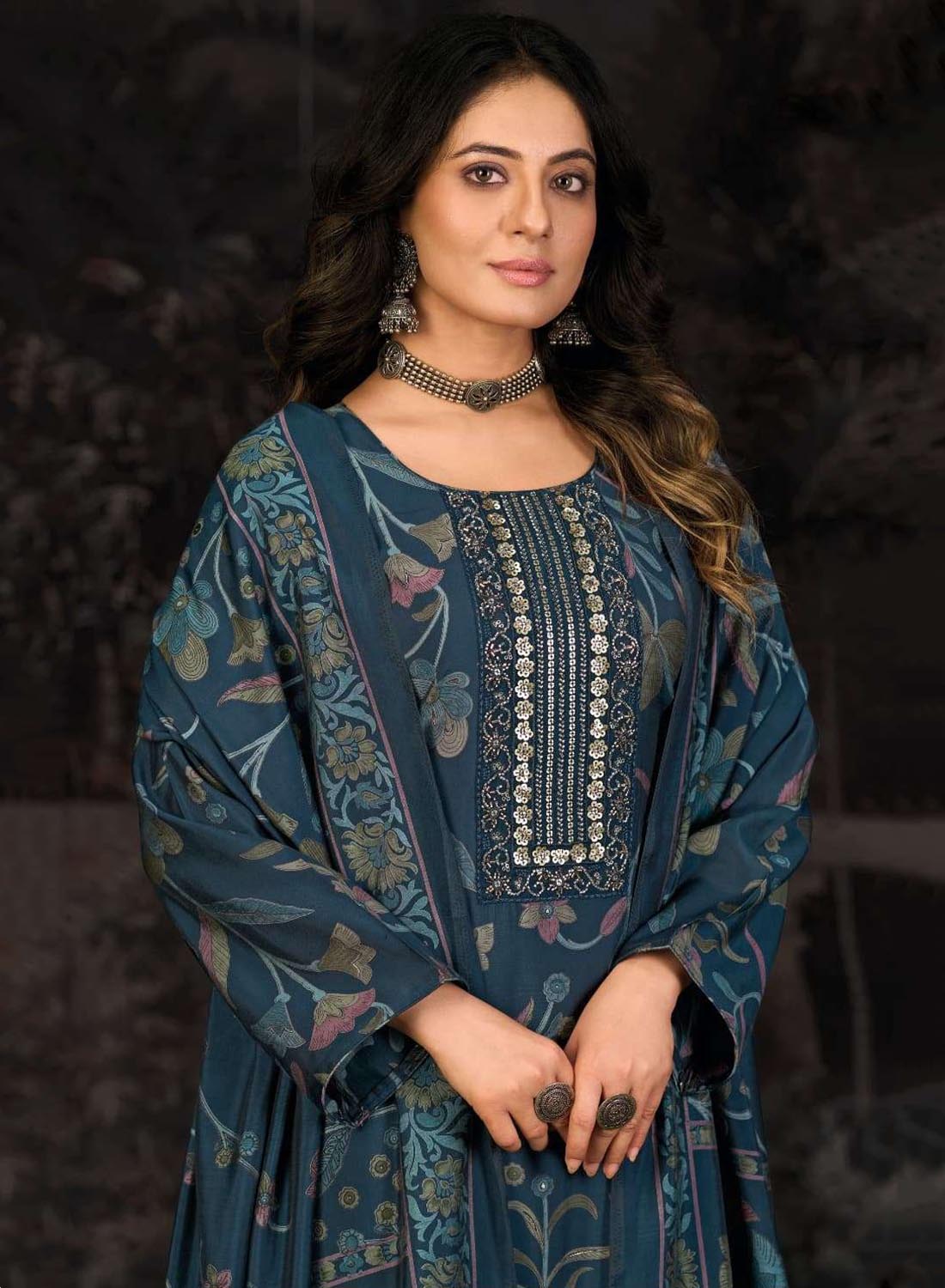 Fancy Handwork Blue Pure Muslin Unstitched Suit Material for Women