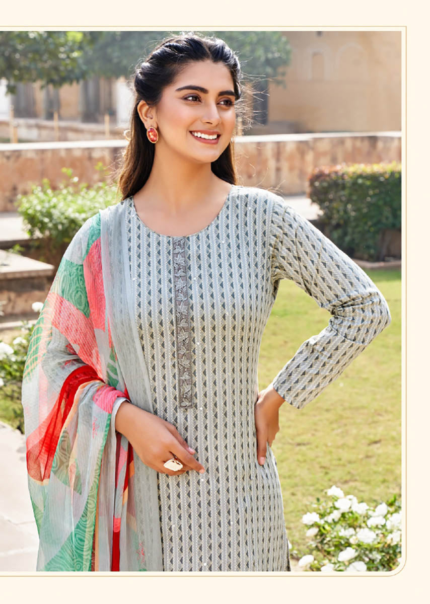Grey Unstitched Cotton Satin Salwar Suit Dress Material for Women Rupali