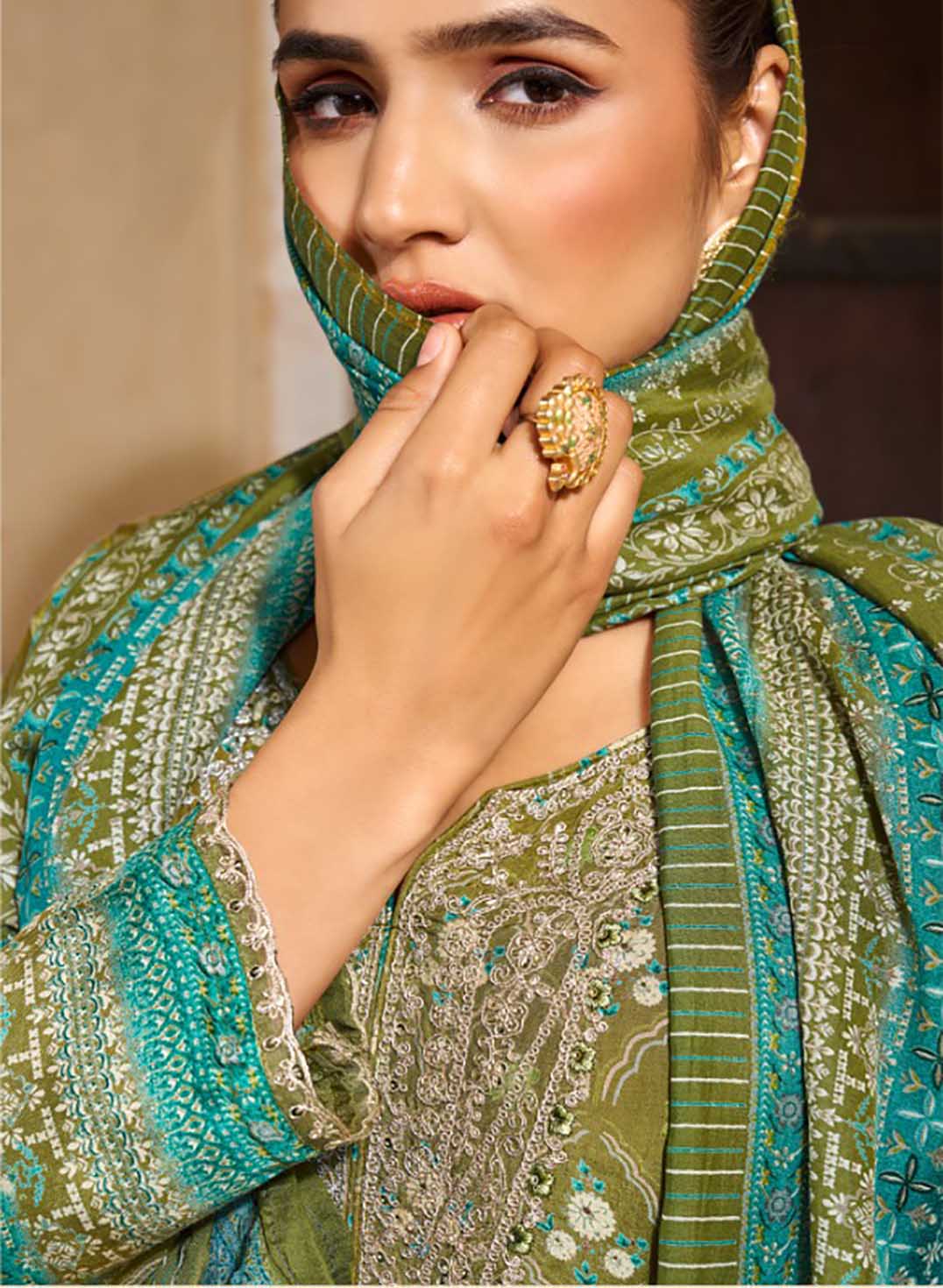 Party Wear Pure Muslin Green Unstitched Salwar Suit Dress Material