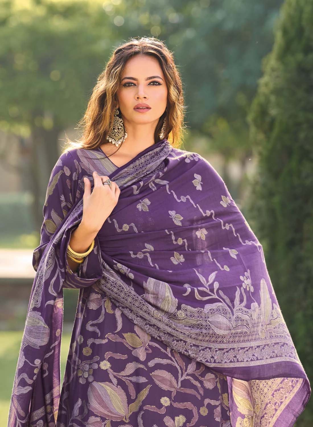 Fancy Handwork Pure Muslin Purple Unstitched Suit Material for Women
