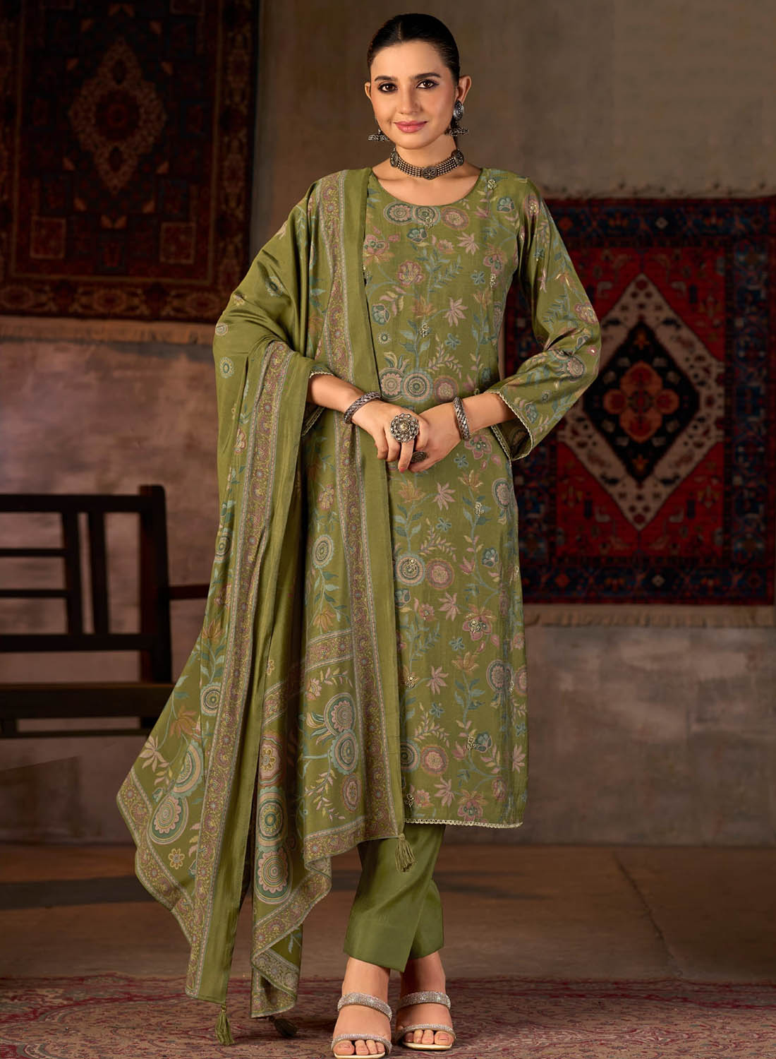 Party Wear Fancy Muslin Silk Green Unstitched Suit Material for Women