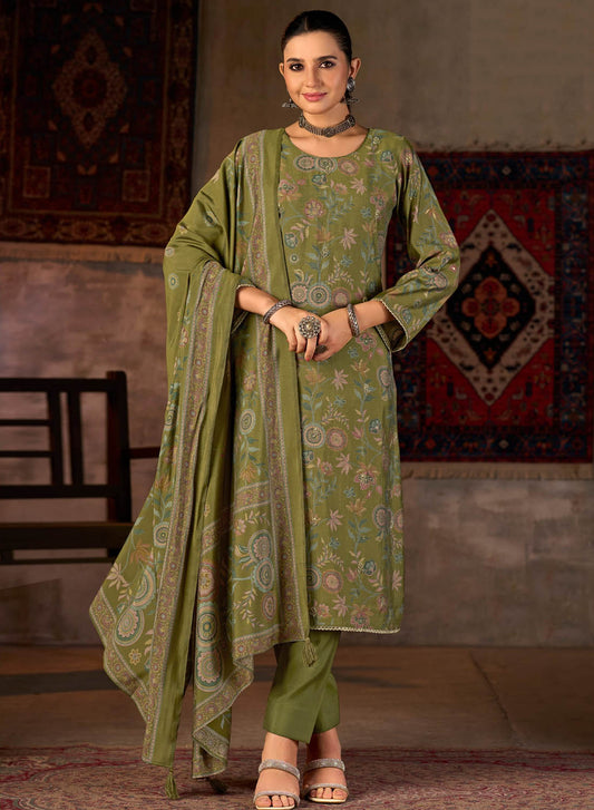 Party Wear Fancy Muslin Silk Green Unstitched Suit Material for Women