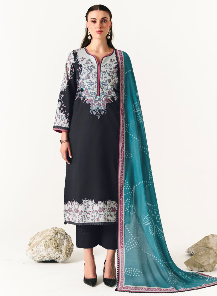 Pakistani Lawn Cotton Black Unstitched Suit Material with Muslin Dupatta