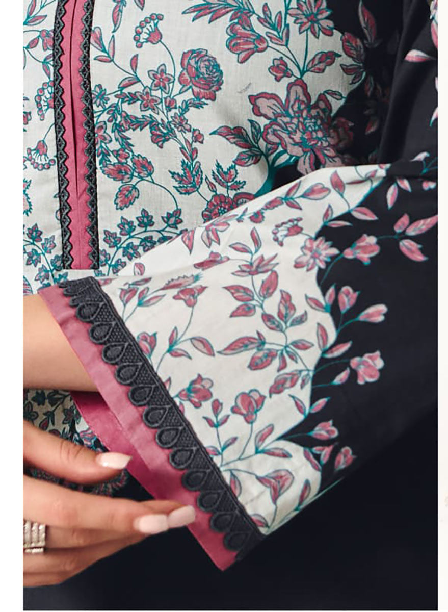 Pakistani Lawn Cotton Black Unstitched Suit Material with Muslin Dupatta