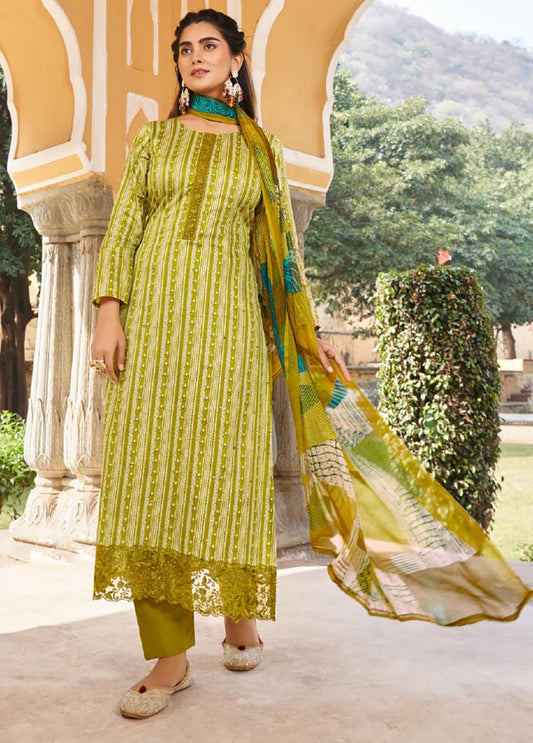 Green Unstitched Cotton Satin Salwar Suit Dress Material for Women