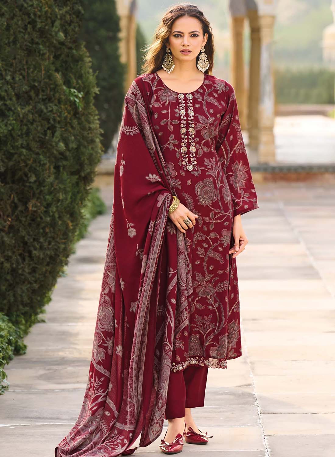 Fancy Handwork Maroon Pure Muslin Unstitched Suit Material for Women