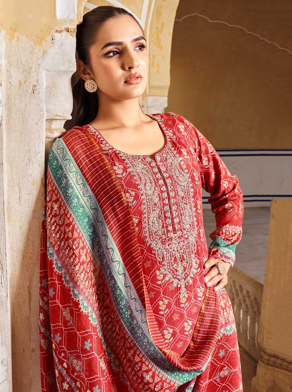Party Wear Pure Muslin Red Unstitched Salwar Suit Dress Material