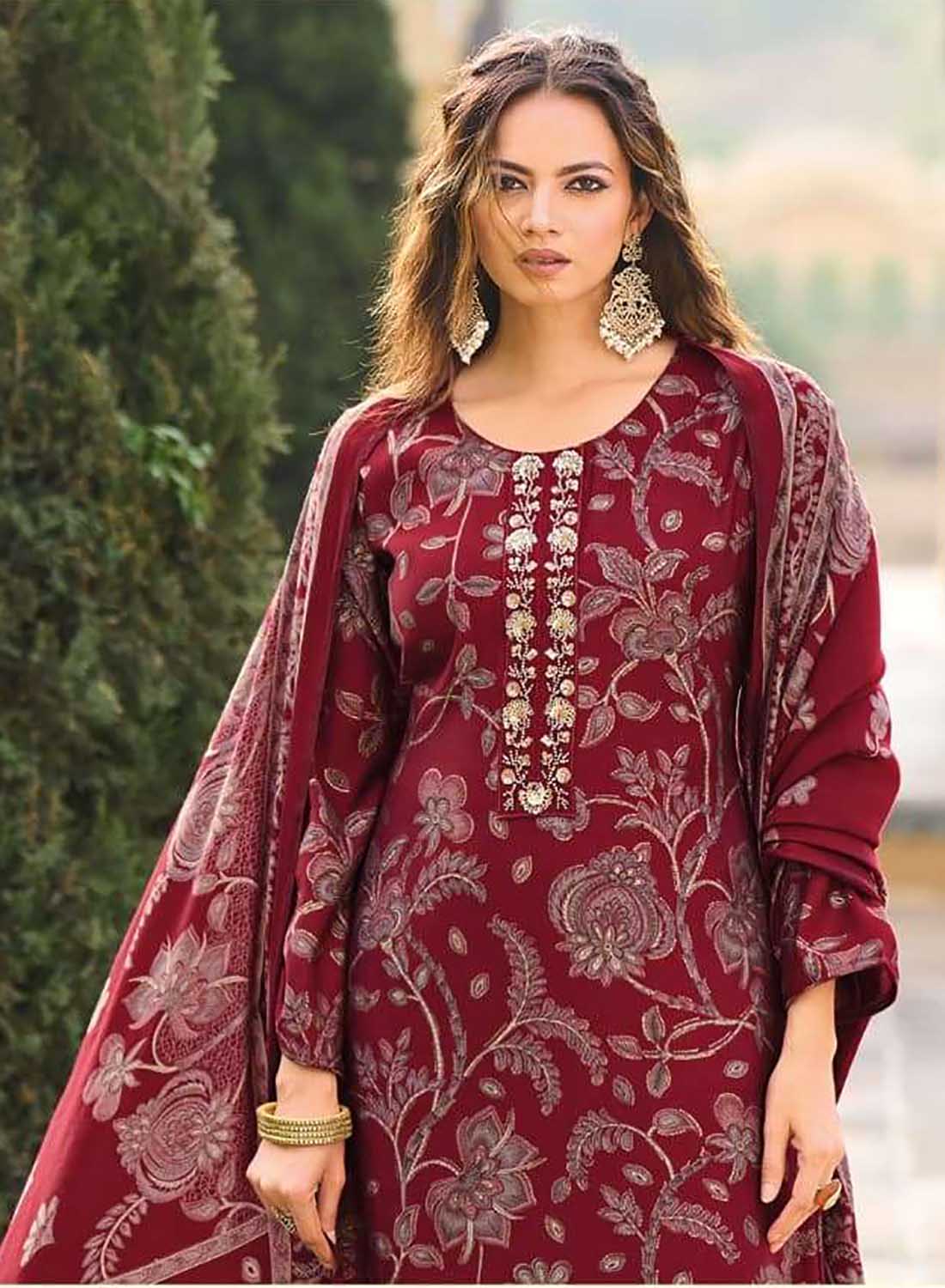 Fancy Handwork Maroon Pure Muslin Unstitched Suit Material for Women