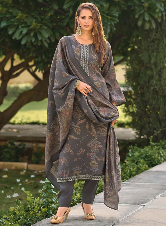 Fancy Handwork Grey Pure Muslin Unstitched Suit Material for Women