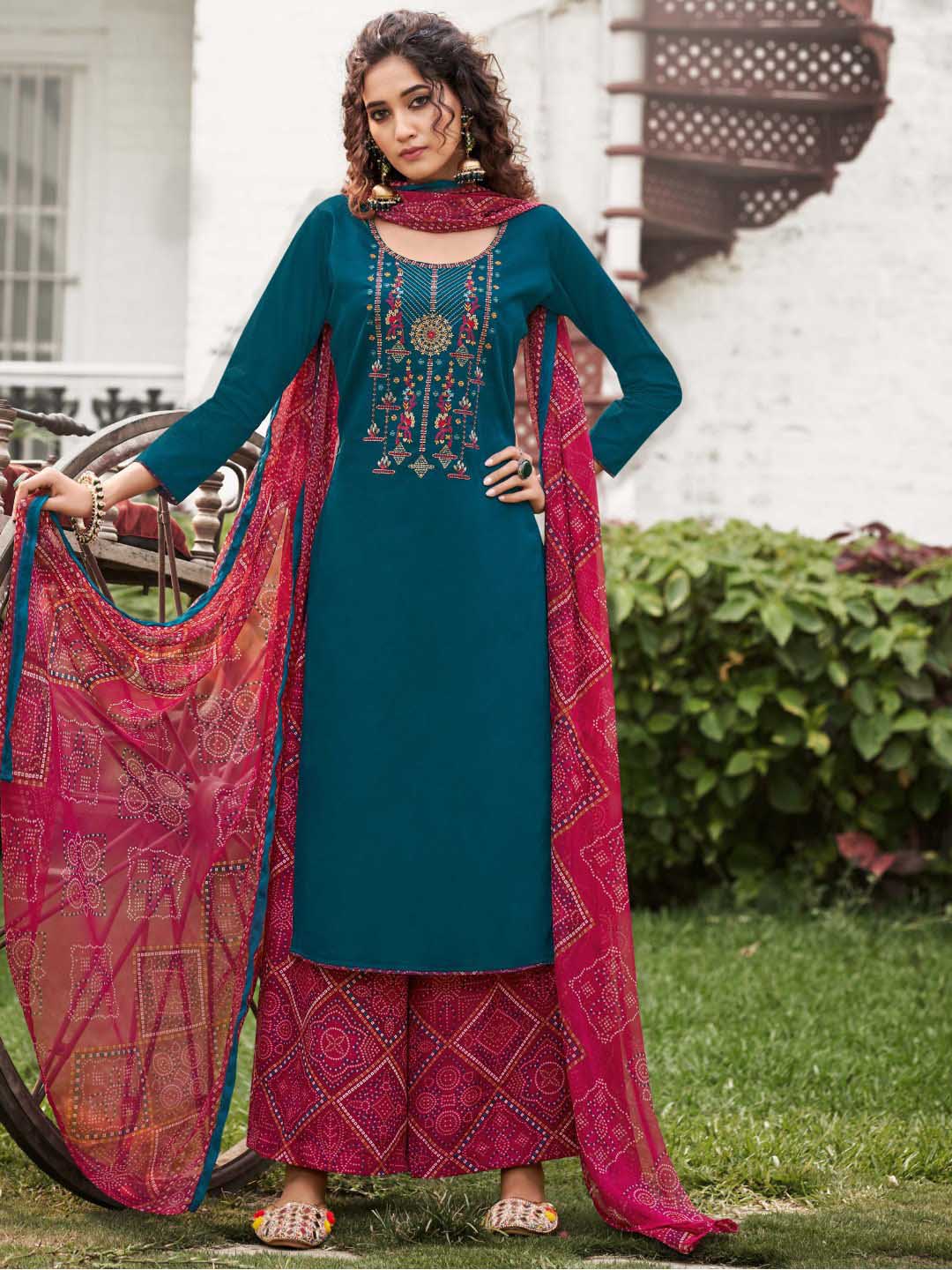 Unstitched Cotton Salwar Suit Fabric Material with Embroidery