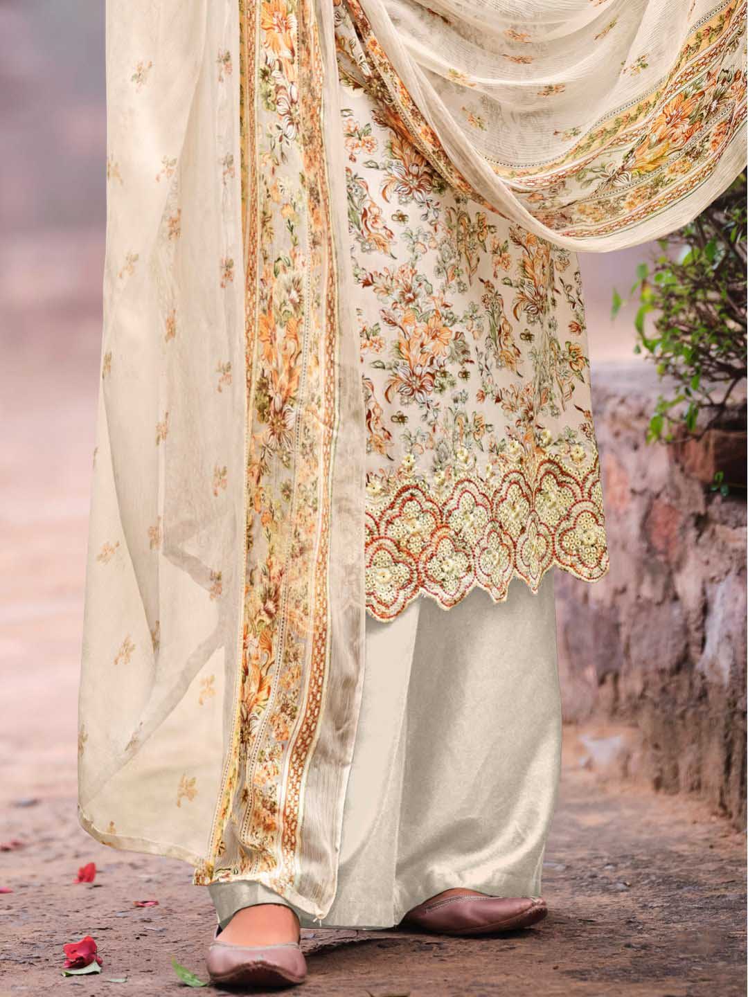 Unstitched Cotton Printed Suit Material with Embroidery Off-White Belliza