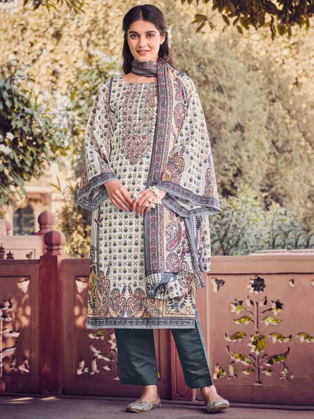 Belliza Pakistani Print Grey Unstitched Cotton Suit Dress Material Belliza