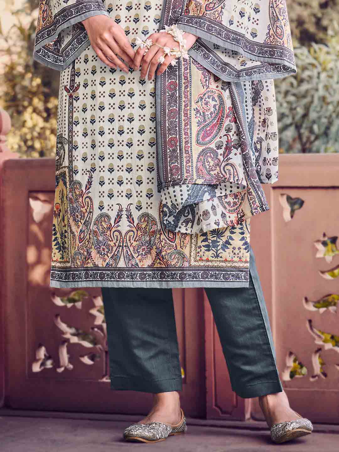 Belliza Pakistani Print Grey Unstitched Cotton Suit Dress Material Belliza