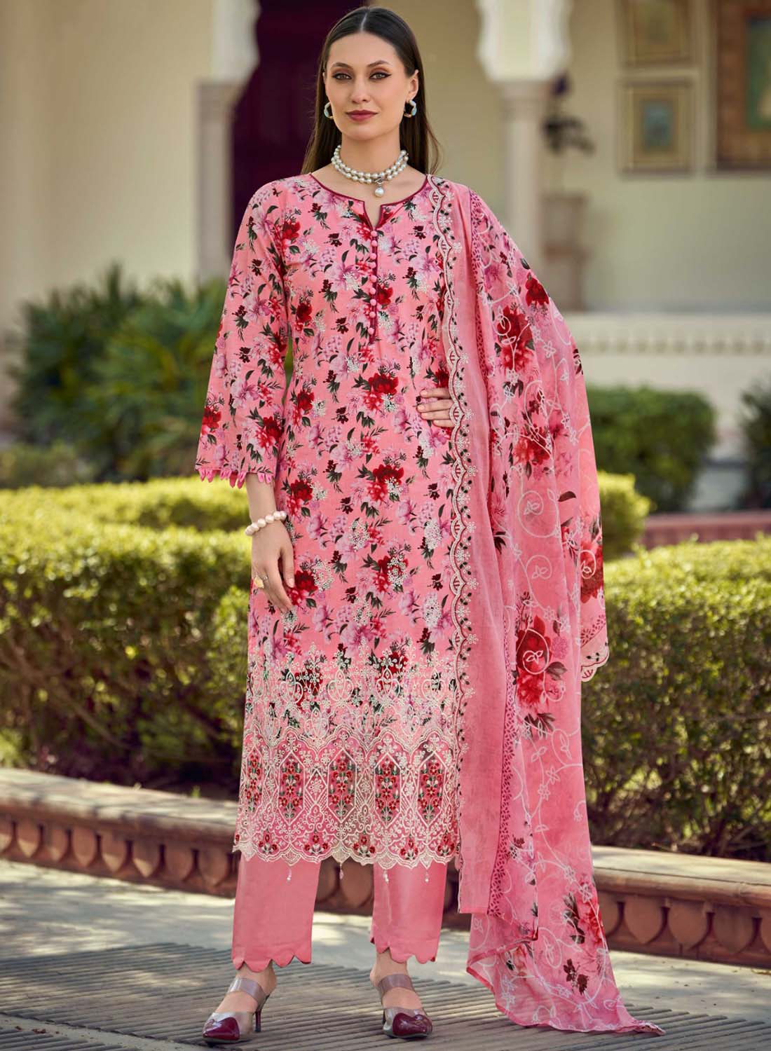 Cotton Embroidered Unstitched Pakistani Suit Material for Women Pink