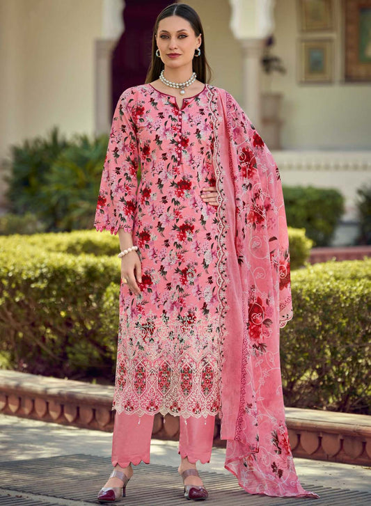 Cotton Embroidered Unstitched Pakistani Suit Material for Women Pink