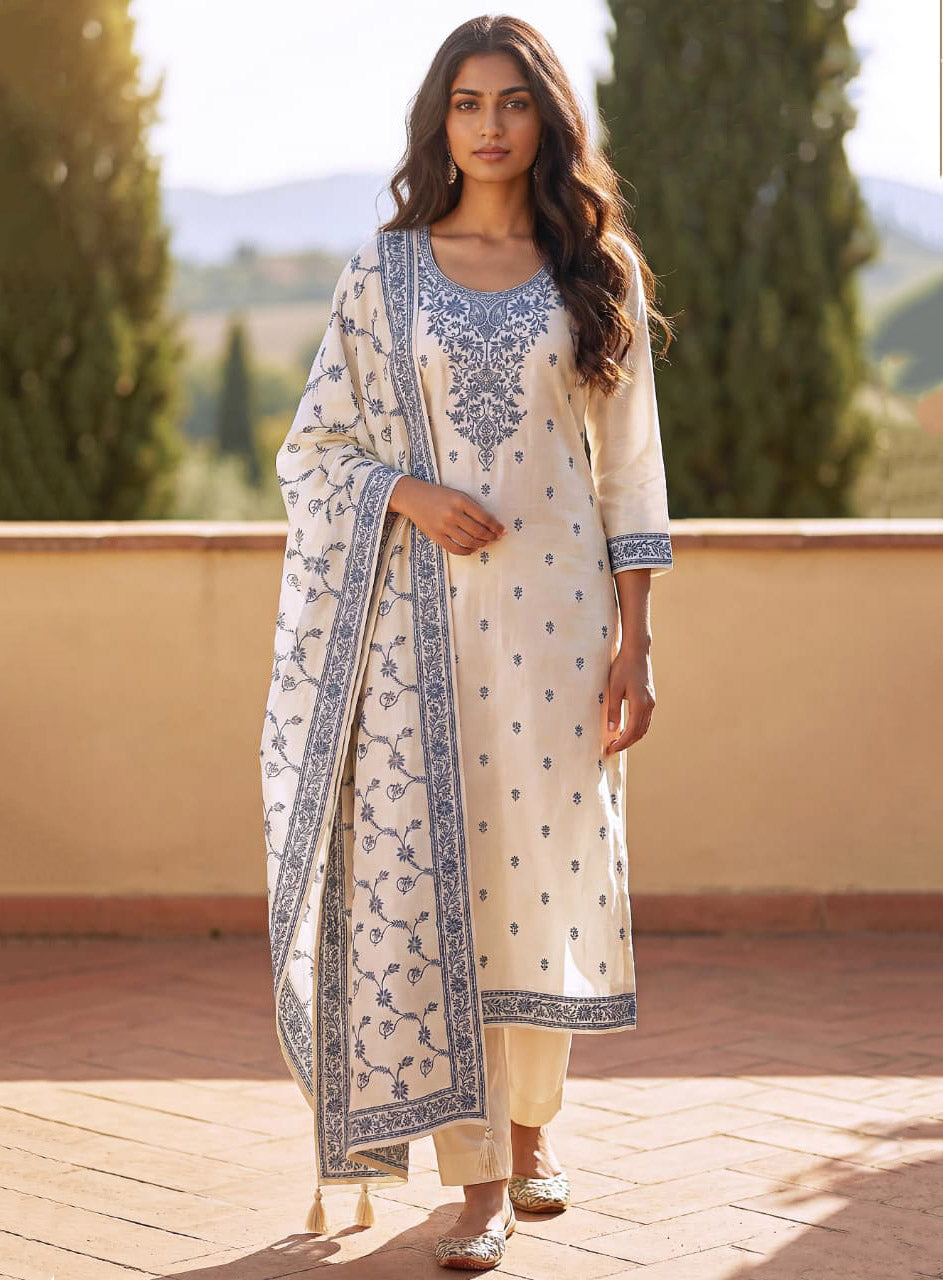 White Pure Cotton Unstitched Suit for Women with Printed Dupatta