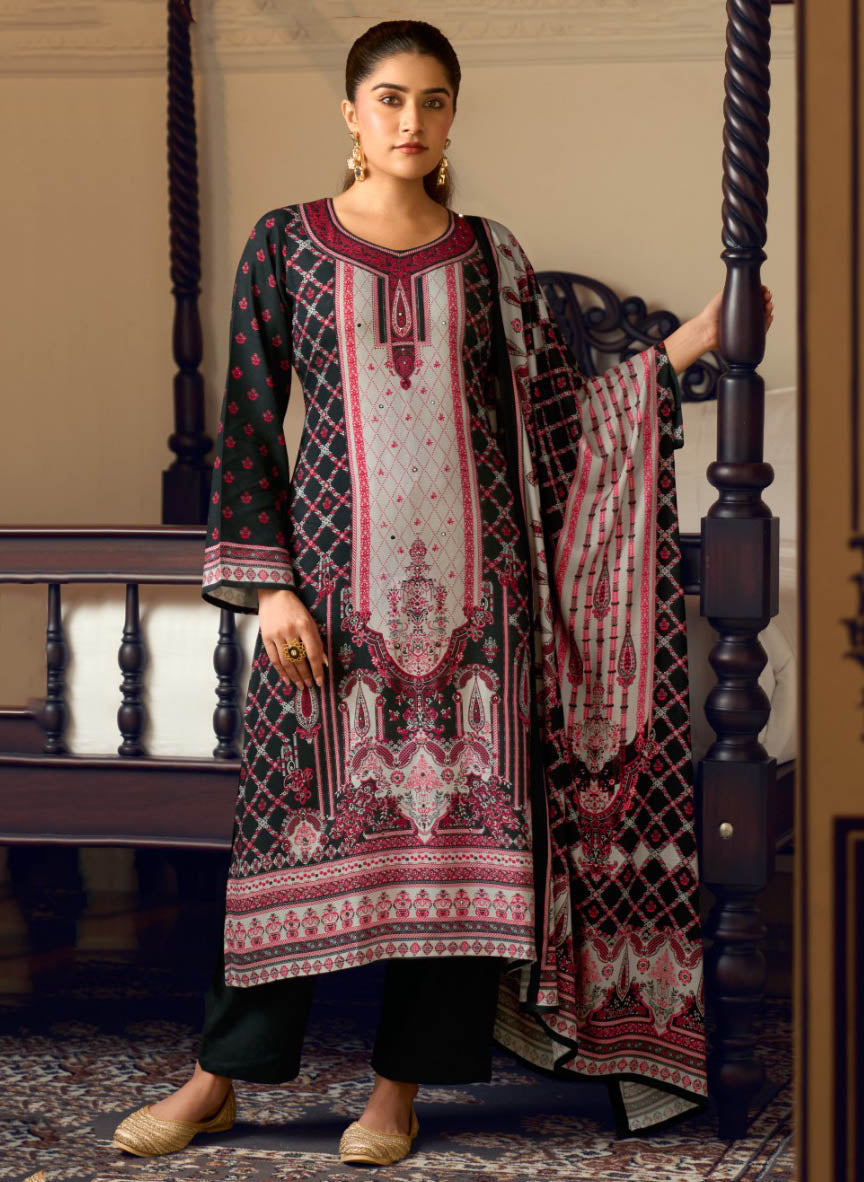 Black Viscose Pashmina Unstitched Winter Salwar Suit Material for Women
