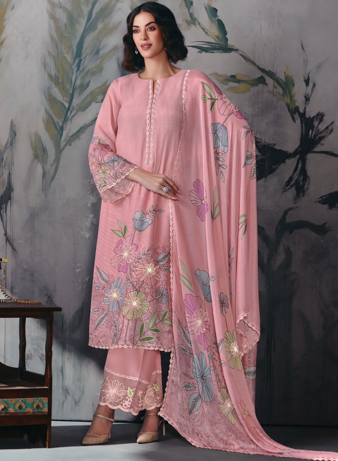 Pink Party Wear Muslin Unstitched Salwar Suit Material with Embroidery