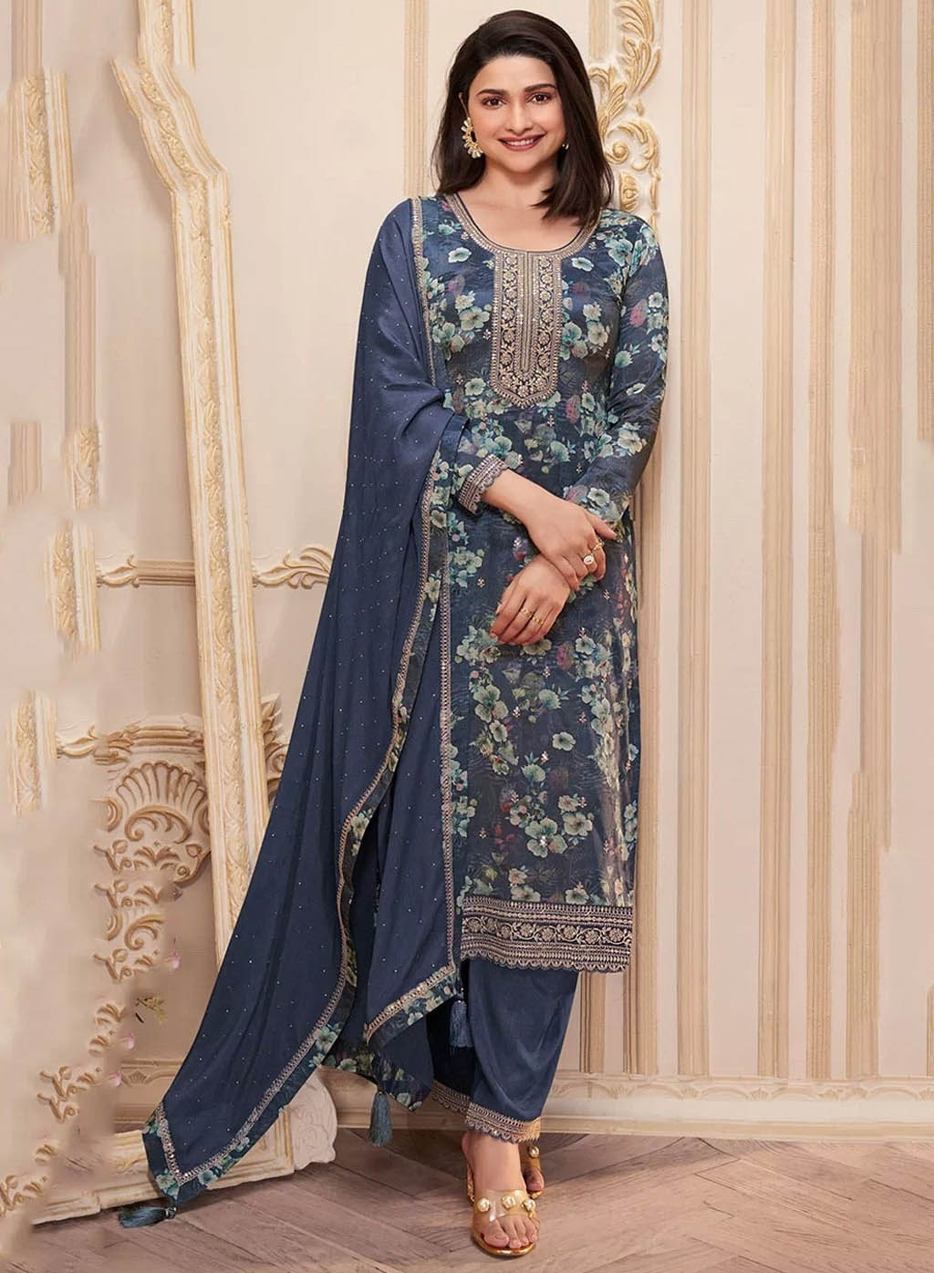 Party Wear Chinon Blue Unstitched Salwar Suit Material with Embroidery