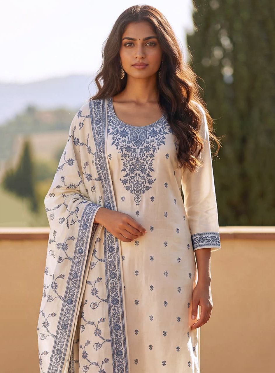 White Pure Cotton Unstitched Suit for Women with Printed Dupatta