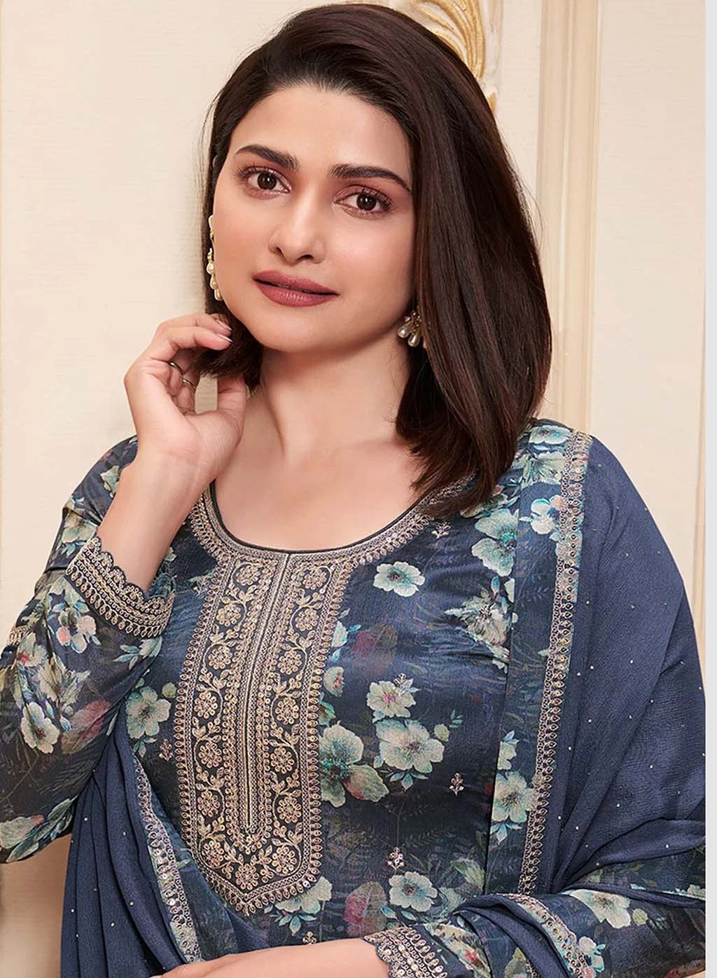 Party Wear Chinon Blue Unstitched Salwar Suit Material with Embroidery